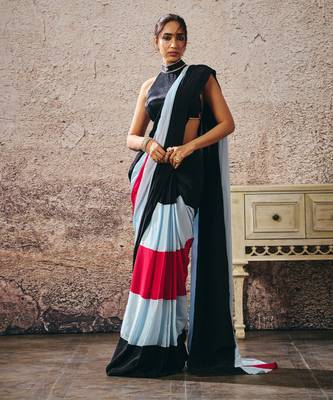 Black blouse with black blue hot pink colour block saree 4