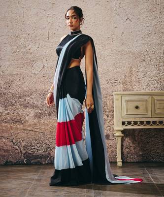 Black blouse with black blue hot pink colour block saree 5