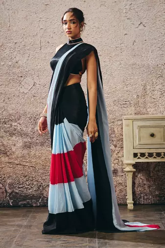Black blouse with black blue hot pink colour block saree