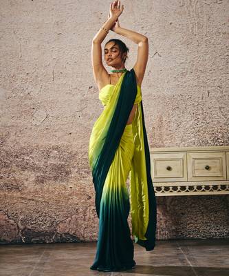 Neon green blouse withndark green and neon green ombre saree 1