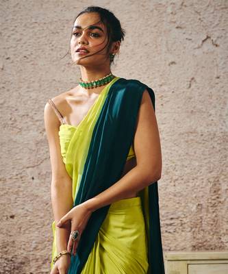 Neon green blouse withndark green and neon green ombre saree 2