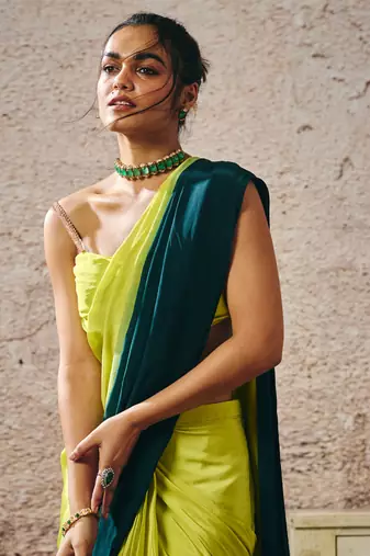 Neon green blouse withndark green and neon green ombre saree