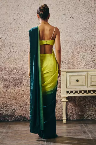 Neon green blouse withndark green and neon green ombre saree