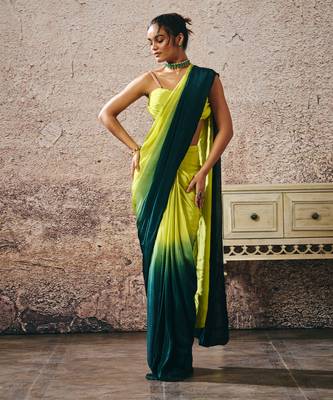 Neon green blouse withndark green and neon green ombre saree 4