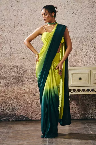 Neon green blouse withndark green and neon green ombre saree
