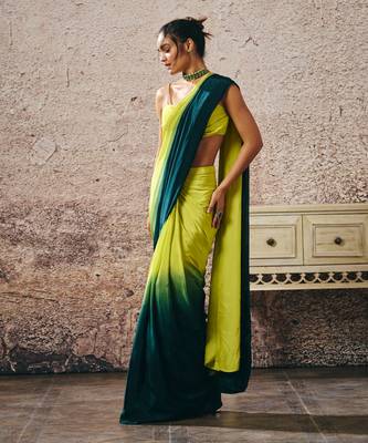 Neon green blouse withndark green and neon green ombre saree 5