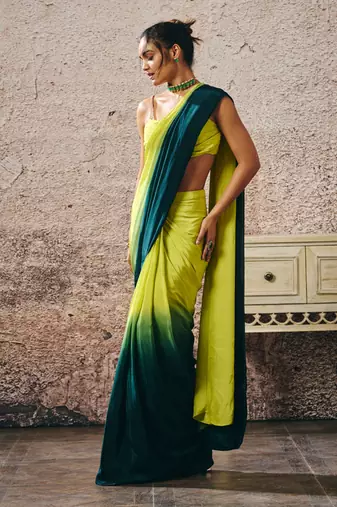 Neon green blouse withndark green and neon green ombre saree