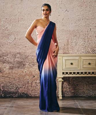 Peach blouse with peach and navy blue ombre saree 1