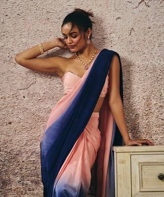 Peach blouse with peach and navy blue ombre saree 2