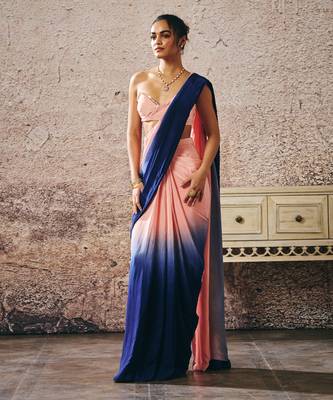 Peach blouse with peach and navy blue ombre saree 3