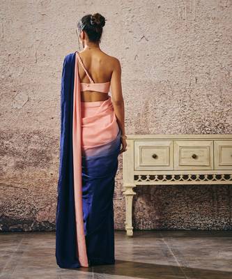 Peach blouse with peach and navy blue ombre saree 4