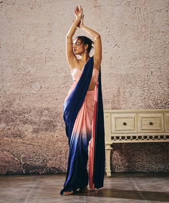 Peach blouse with peach and navy blue ombre saree 5
