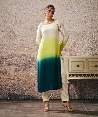Beige to dark green ombre kurta 1
