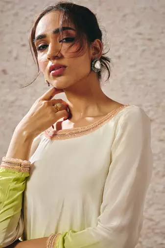 Beige to dark green ombre kurta