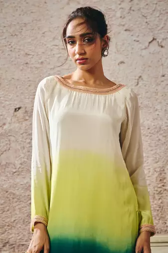 Beige to dark green ombre kurta