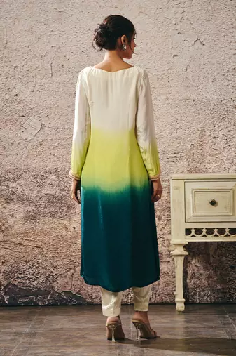 Beige to dark green ombre kurta