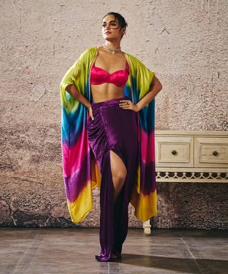 Hot pink blouse and purple skirt with ombre shrug 1