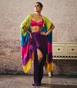 Hot pink blouse and purple skirt with ombre shrug