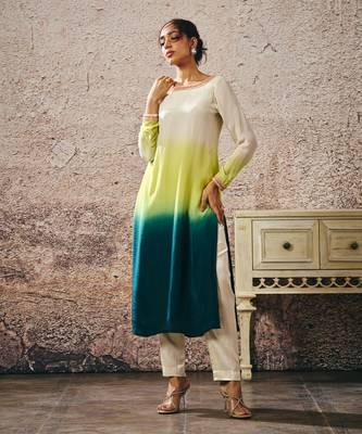 Beige to dark green ombre kurta 5