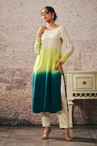 Beige to dark green ombre kurta