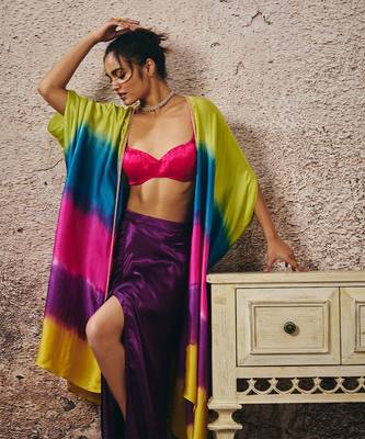 Hot pink blouse and purple skirt with ombre shrug 2