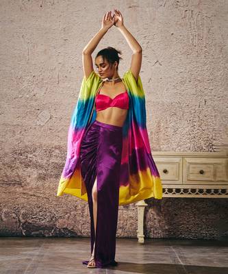 Hot pink blouse and purple skirt with ombre shrug 3