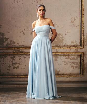 Sky Blue Crepe Hand Embroidered Off Shoulder Gown 1