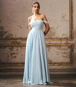 Sky Blue Crepe Hand Embroidered Off Shoulder Gown