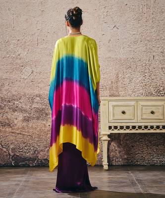 Hot pink blouse and purple skirt with ombre shrug 4