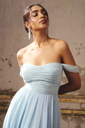 Sky Blue Crepe Hand Embroidered Off Shoulder Gown
