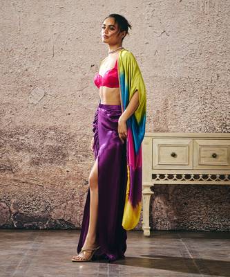 Hot pink blouse and purple skirt with ombre shrug 5