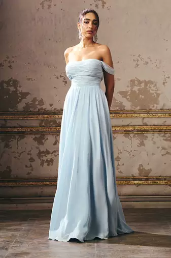 Sky Blue Crepe Hand Embroidered Off Shoulder Gown