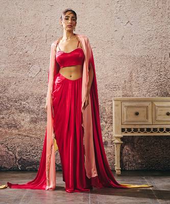Red skirt with blouse with red and gold peach ombre shrug 1
