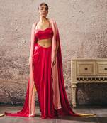 Red skirt with blouse with red and gold peach ombre shrug