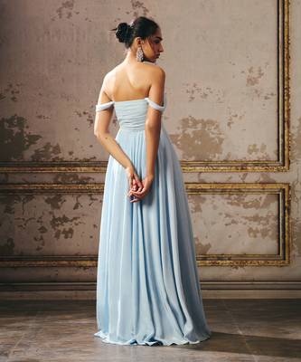 Sky Blue Crepe Hand Embroidered Off Shoulder Gown 4