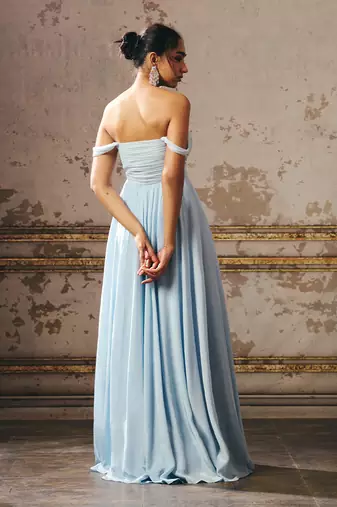 Sky Blue Crepe Hand Embroidered Off Shoulder Gown