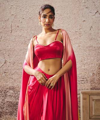 Red skirt with blouse with red and gold peach ombre shrug 2