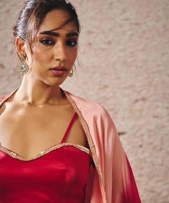Red skirt with blouse with red and gold peach ombre shrug 3