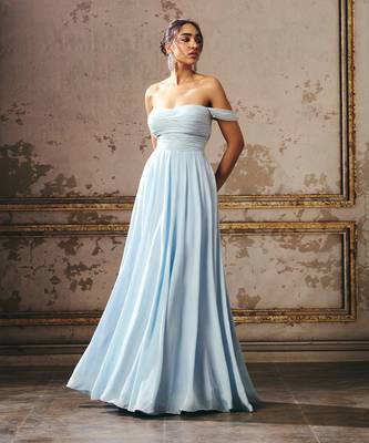 Sky Blue Crepe Hand Embroidered Off Shoulder Gown 5