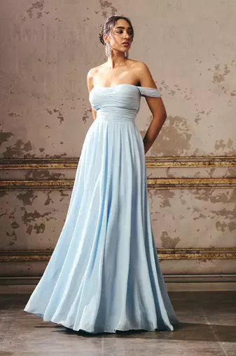 Sky Blue Crepe Hand Embroidered Off Shoulder Gown