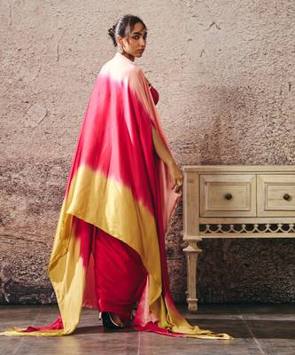 Red skirt with blouse with red and gold peach ombre shrug 4