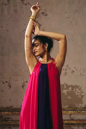 Hot pink purple and red trapez gown
