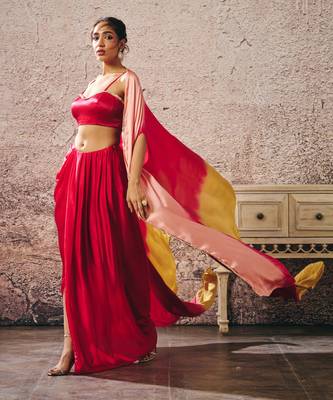 Red skirt with blouse with red and gold peach ombre shrug 5