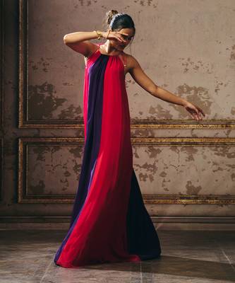 Hot pink purple and red trapez gown 4