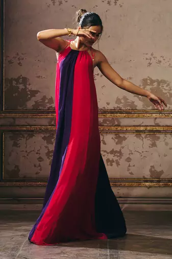 Hot pink purple and red trapez gown