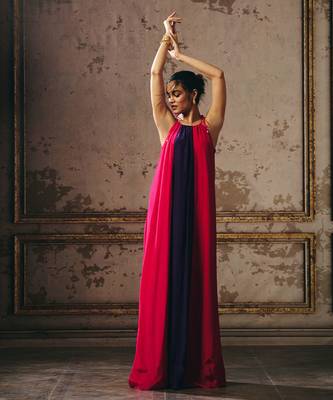 Hot pink purple and red trapez gown 5
