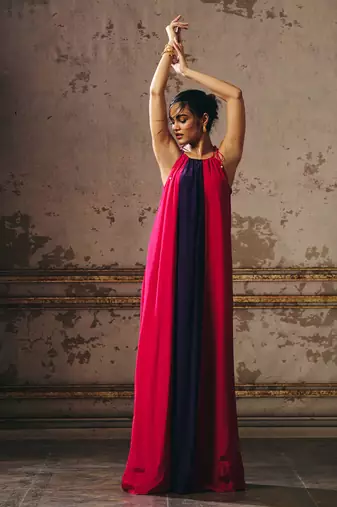 Hot pink purple and red trapez gown