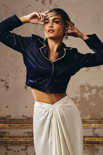 White skirt with blue blazer
