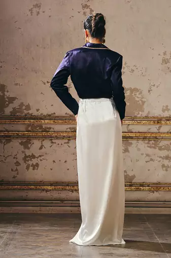 White skirt with blue blazer