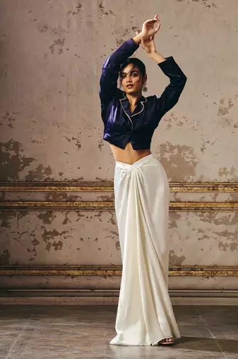 White skirt with blue blazer